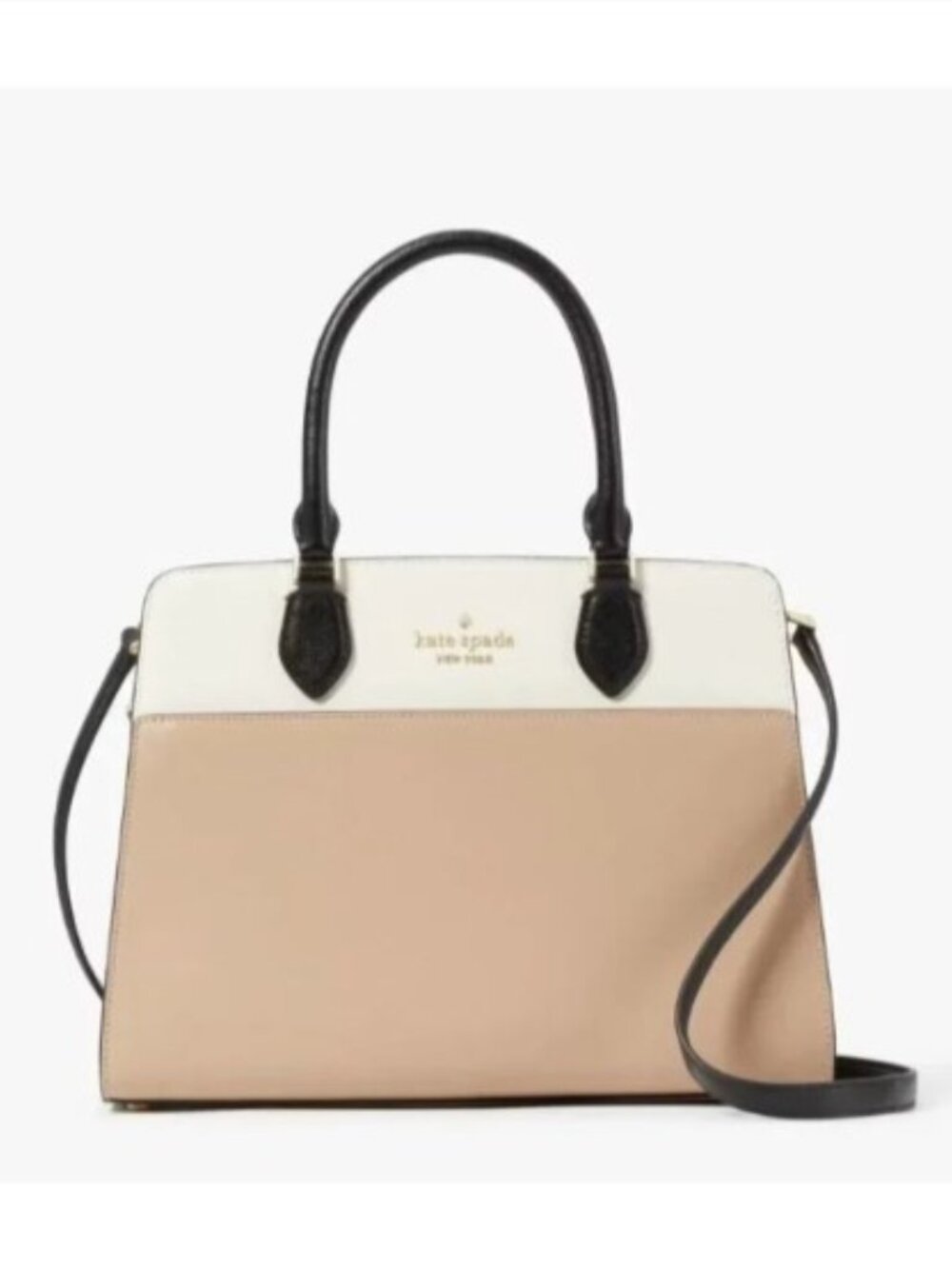 Kate Spade Womens Cream Tan Black Leather Madison Top Zip Medium Satchel